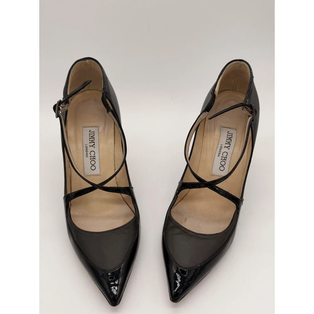 Jimmy Choo Black Leather Patent Crisscross T-Strap Pointed Toe Pumps 36.5 Italy